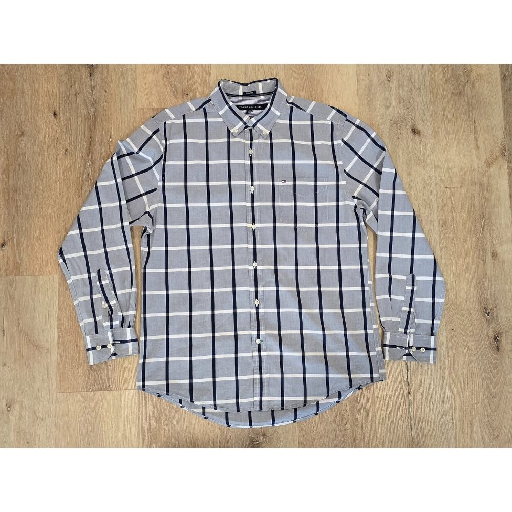 Tommy Hilfiger Custom Fit Blue Gray Plaid Shirt L